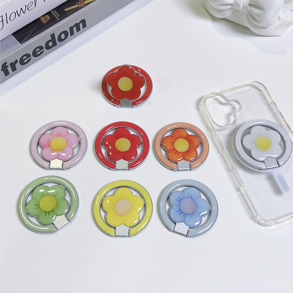 Car Accessories For Decoration - 花型マグネット式折りたたみキックスタンド付きスマホリングホルダー、落下防止スマホグリップスタンド、iPhone・Samsung対応ユニバーサルデスクトップブラケット（新製品）