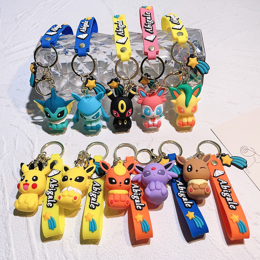 Car Accessories Under 100 - ポケモン イーブイ進化キーホルダー かわいい3D PVCフィギュアキーリング ピカチュウ イーブイファミリーペンダント、車のキーホルダー