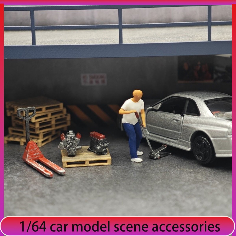 Car Accessories For Decoration - 1:64 車模型修理工場シーン装飾、ジャッキ、ミニフィギュア、エンジン改造アクセサリー